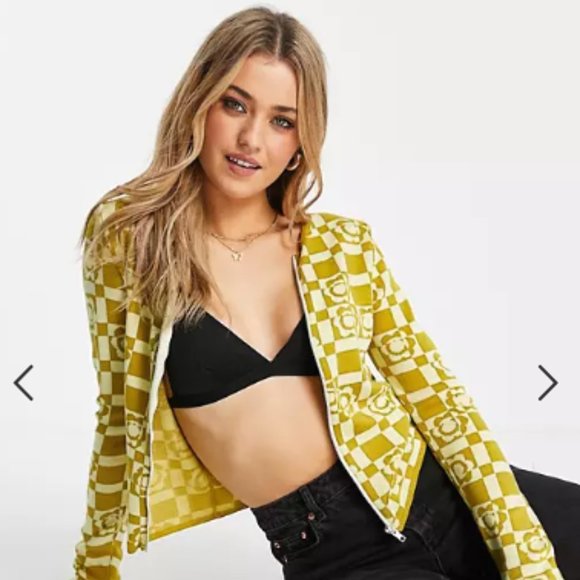 NWOT ASOS knit cardigan in yellow checkered floral print Size Small - Picture 5 of 7